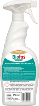 Biofos płyn do mycia kabin prysznicowych w białej butelce z zieloną etykietą, widok z przodu, 750 ml.