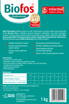 Biofos Professional 1 kg, preparat do szamb. Widok tylnej strony białego opakowania z zielonym logo i opisem.