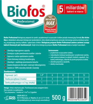 Tył opakowania Biofos Professional 500g, zielono-biały preparat do szamb z listą korzyści i dawkowań.