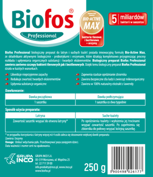 Biofos Professional 250g biologiczny preparat do latryn i toalet, niebieskie opakowanie, widok z przodu.