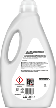 Tył białej, ergonomicznej butelki żelu Coccolino White 2,72L, widoczne etykiety z informacjami i symbolami ostrzegawczymi.