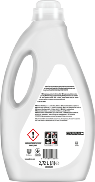 Tył białej butelki żelu Coccolino Black 2,72L do prania czarnych tkanin, z etykietami i symbolami ostrzegawczymi.