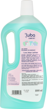 Tył błękitnej butelki Luba Comfort perfumowanego płynu do podłóg 1000ml, z różową etykietą i opisem.