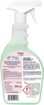 Tył butelki Luba Comfort octowego płynu do kuchni 500ml, zielona butelka, różowa etykieta z opisem i ostrzeżeniem.