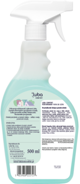 Tył niebieskiej butelki Luba Comfort płynu do szyb 500 ml z rozpylaczem, widoczna etykieta, cytrynowo-kwiatowy.