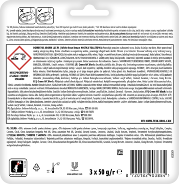 Tył opakowania kostek toaletowych Domestos Aroma Lux White Rose Dream 3x50g z kodem kreskowym i ostrzeżeniami.