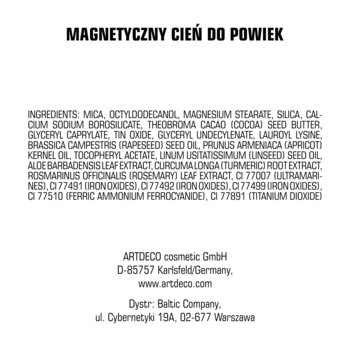 Tył opakowania magnetycznego cienia Artdeco z listą składników i informacjami producenta.