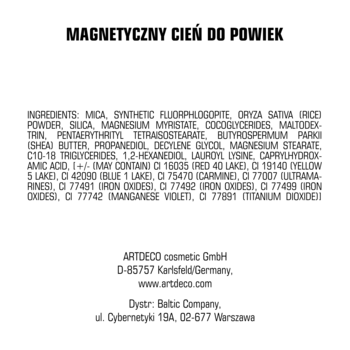 Biała etykieta magnetycznego cienia Artdeco. Widoczna lista składników, dane producenta i dystrybutora.