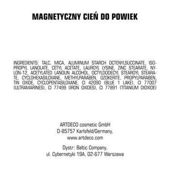Tył opakowania cienia Artdeco Soft Brown Mauve z listą składników i danymi producenta/dystrybutora.