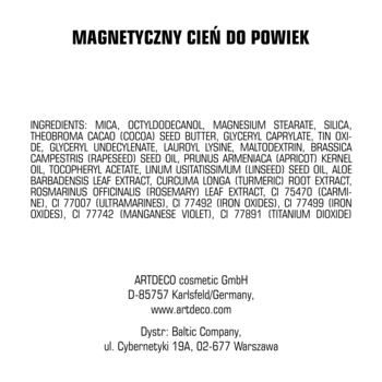 Tył magnetycznego cienia do powiek Artdeco, z czytelną listą składników i danymi producenta.