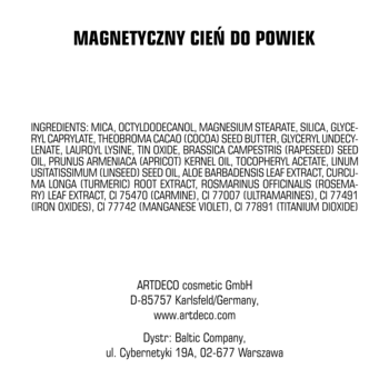Tył opakowania magnetycznego cienia do powiek Artdeco z listą składników i danymi producenta.