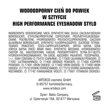 Tył opakowania cienia Artdeco High Performance Eyeshadow Stylo, widoczna pełna lista składników i dane producenta.