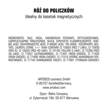 Tył wymiennego różu do policzków Artdeco. Białe tło z czarnym tekstem składników i danymi producenta.