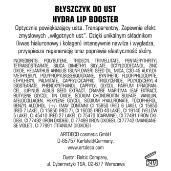 Tył opakowania błyszczyka Artdeco Hydra Lip Booster z listą składników i danymi producenta na białym tle.