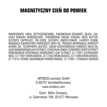 Tył opakowania magnetycznego cienia do powiek Artdeco z pełną listą składników i danymi dystrybutora.