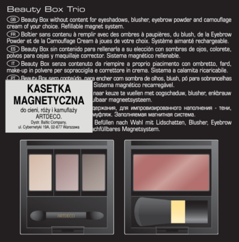 Artdeco Beauty Box Trio, otwarta magnetyczna kasetka z lusterkiem, trzema cieniami i różem z pędzelkiem.