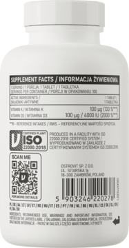Tył białej butelki OstroVit D3 4000 IU + K2, widoczne etykiety z informacjami o składzie i kodem kreskowym.