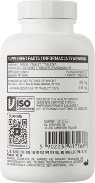 Tył białej butelki OstroVit Ashwagandha VEGE z etykietą: SUPPLEMENT FACTS, skład (witanolidy), kod QR.