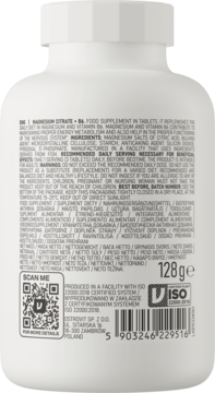 OstroVit Cytrynian Magnezu 400 mg + B6, tył białej butelki suplementu diety w tabletkach, z etykietą, QR kodem i 128g.