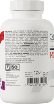 Tył białej butelki OstroVit Mg + B6 (magnez, witamina B6). Widoczne składniki, certyfikat ISO i waga 124g.