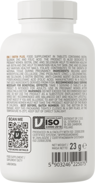 Tył białej butelki OstroVit Biotyna Plus 23g, suplement diety. Widoczne składniki, kod QR i certyfikat ISO 22000.