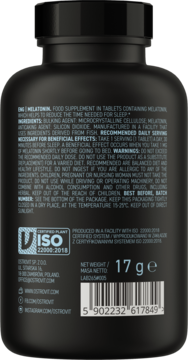 Tył czarnego opakowania OstroVit Keep Sleep Melatonin 17g z białą etykietą, widoczny skład i kod kreskowy.