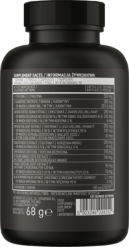 Tylna etykieta czarnej butelki OSTROVIT FAT BURNER EXTREME z tabelą informacyjną o składzie suplementu diety.