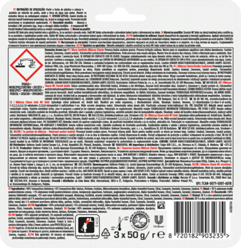 Tył opakowania kostek toaletowych Domestos Aroma Lux Hibiscus Charm z instrukcjami, ostrzeżeniami i kodem kreskowym.