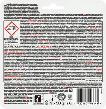 Tył opakowania Domestos Aroma Lux Dhalia Wish kostki toaletowe 3x50g. Ostrzeżenia, symbol zagrożenia, kod kreskowy.