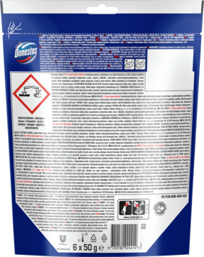 Tył niebiesko-białego opakowania Domestos Power 5 Ocean kostki do WC, 6x50g, z symbolami ostrzegawczymi.