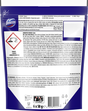 Tył niebieskiego opakowania Domestos Power 5 Lime kostek toaletowych 6x50g, widoczne ostrzeżenia i skład.