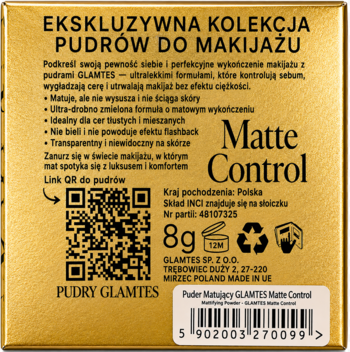 Transparentny puder matujący Glamtes Matte Control, tył złotego opakowania, czarny tekst i QR code.