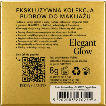 Tył złotego opakowania pudru rozświetlającego Glamtes Elegant Glow z opisem cech i kodem QR.