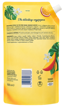 Tył żółtego opakowania mydła w płynie Bana Mango Exotic 1000ml, ze składnikami, liśćmi i owocami mango.