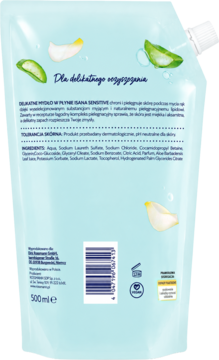 Tył błękitnej saszetki ISANA SENSITIVE Delikatne Mydło w Płynie 500ml, z listą składników i aloesem.