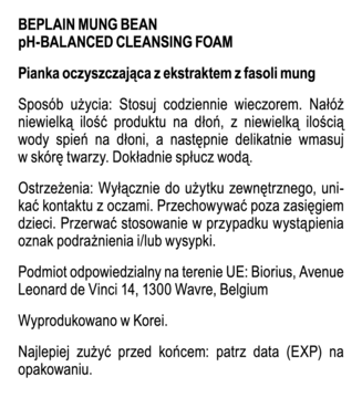 Zbliżenie etykiety pianki Beplain Mung Bean, białe tło z czarnym polskim tekstem o sposobie użycia i ostrzeżeniach.