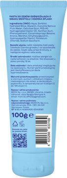 Tył niebieskiej tubki pasty do zębów Splash mentol i ogórek 100g z informacjami o składzie i kodem kreskowym.