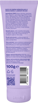 Tył lawendowej tubki pasty do zębów Splash wanilia i lawenda 100g, ze składnikami, kodem EAN i QR.