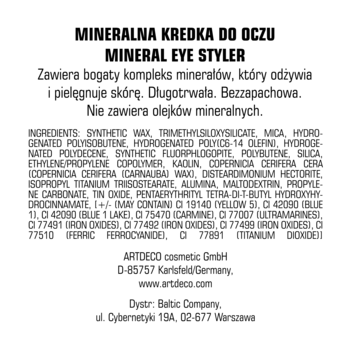 Tył opakowania Mineral Eye Styler z listą składników i danymi producenta. Biała etykieta z czarnym tekstem.