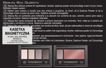 Artdeco Beauty Box Quattro. Dwie otwarte magnetyczne kasetki z lusterkiem, z wkładami cieni i róży, widok od góry.