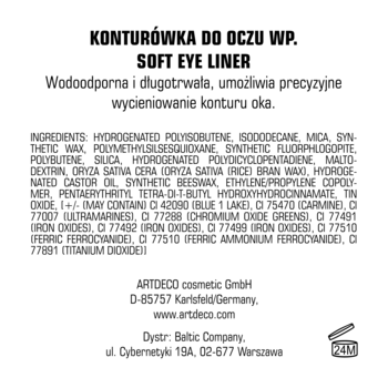 Tył opakowania kredki ARTDECO Soft Eye Liner Waterproof, białe tło, czarny tekst składników i dane firmy.
