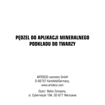 Widok tekstu informacyjnego: Pędzel do aplikacji mineralnego podkładu do twarzy. Czarny tekst na białym tle, ARTDECO.