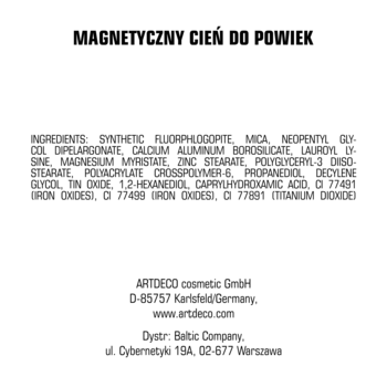 Artdeco Pearly Linen magnetyczny cień do powiek: etykieta ze składnikami i danymi producenta na białym tle.