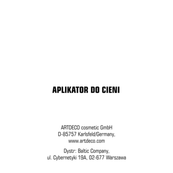 Biała strona informacyjna z czarnym napisem 'APLIKATOR DO CIENI' i danymi kontaktowymi Artdeco oraz dystrybutora.