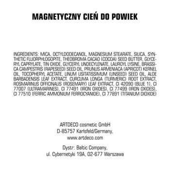 Tył magnetycznego cienia do powiek Artdeco, biała etykieta z czarnym tekstem składników.