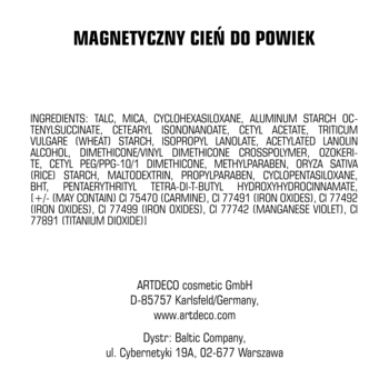 Tył opakowania magnetycznego cienia do powiek Artdeco, widoczne składniki i dane producenta.