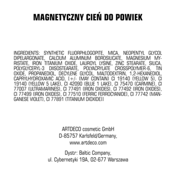 Tył opakowania magnetycznego cienia do powiek Artdeco z czarną listą składników i danymi producenta.