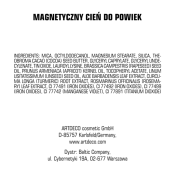 Tył etykiety magnetycznego cienia do powiek Artdeco, widoczna lista składników i dane kontaktowe. Białe tło.