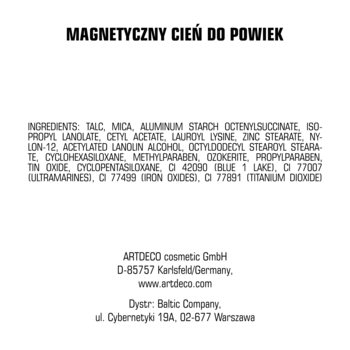 Tył opakowania magnetycznego cienia do powiek Artdeco, widoczna lista składników i dane producenta.