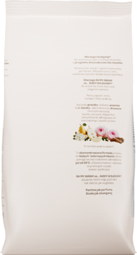Tył białej torby proszku do prania Juicy & Elegant. Opis do białych i kolorowych tkanin. Grafika gruszki i róż.